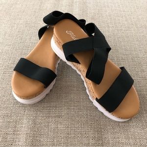 Katliu Wedge Sandals Elastic Strap Cork Platform Women’s Size 7 Black New